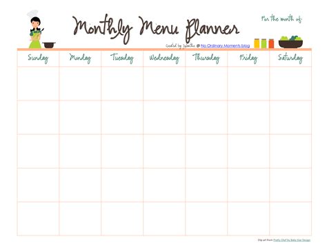 Monthly Menu Calendar Printable