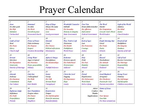 Monthly Prayer Calendar