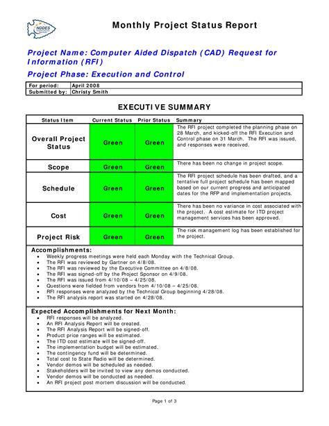 Monthly Status Report Template Project Management