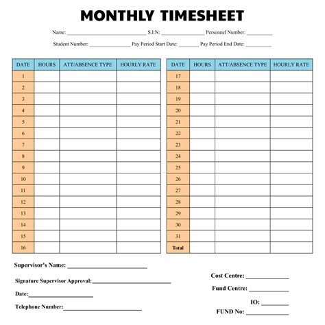 Monthly Time Sheet Printable
