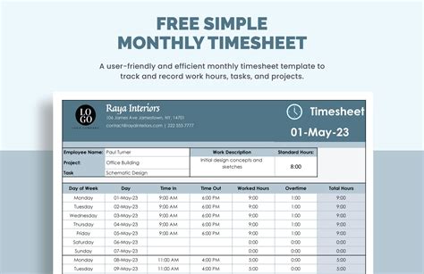 Monthly Timesheet Template For Excel And Google Sheets - Free Printable