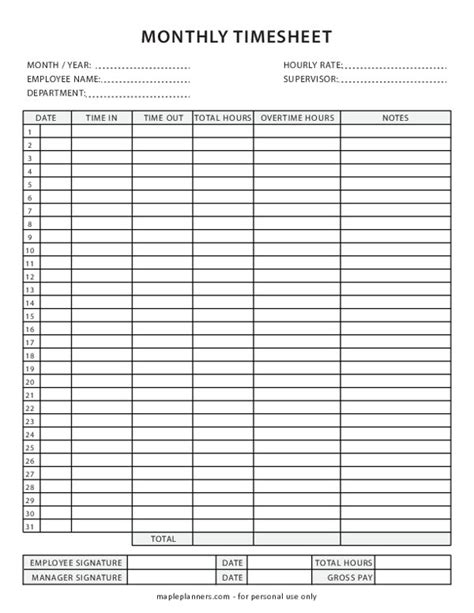 Monthly Timesheet Template Free Download