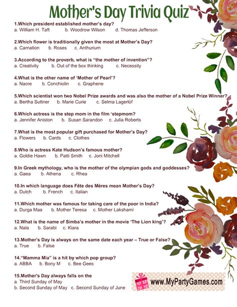 Mother's Day Trivia Questions And Answers Printable