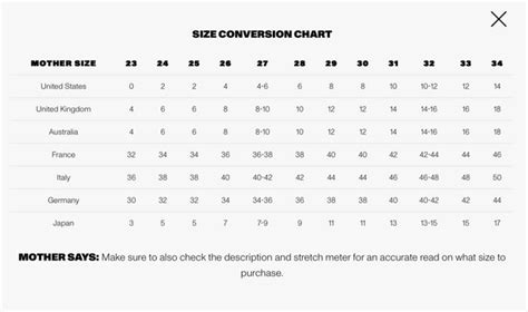 Mother Jeans Sizing Chart