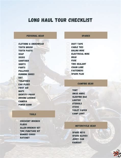 Motorcycle Tour checklist