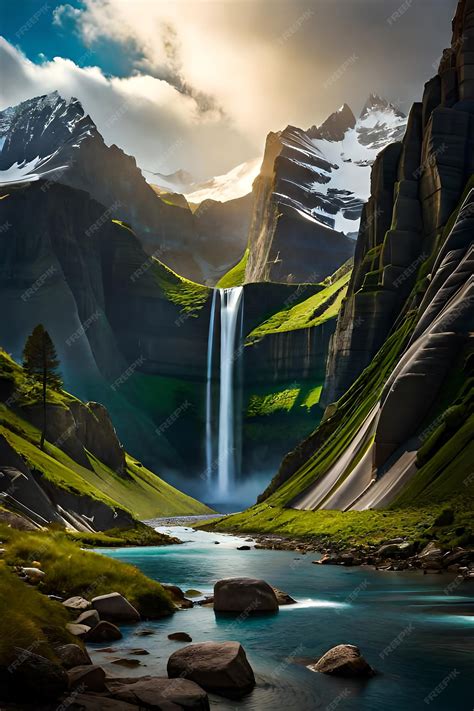 Mountain Landscape With Waterfall