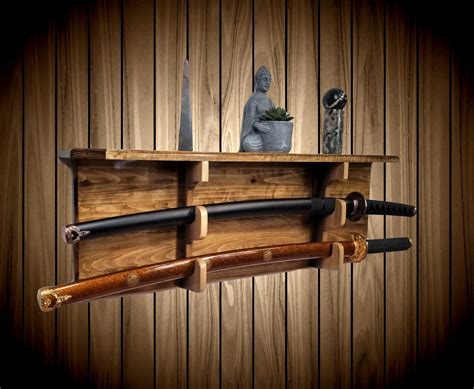 Rustic Sword Rack Display, Live Edge Oak, Wall Mount, Military, Samurai Katana, Saber, Walnut