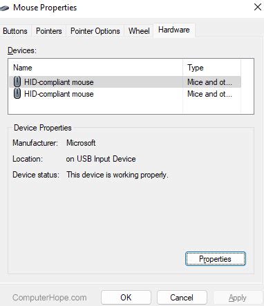 Mouse Properties: Hardware Tab