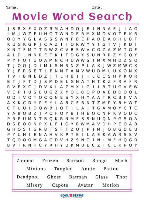 Movie Word Search Printable