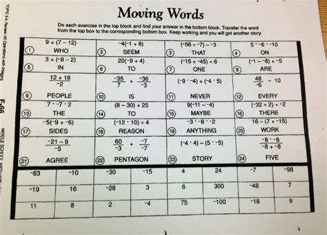 Moving Words Math Worksheet Answers
