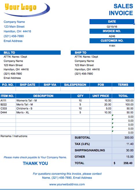 Sales Invoice Template for Excel