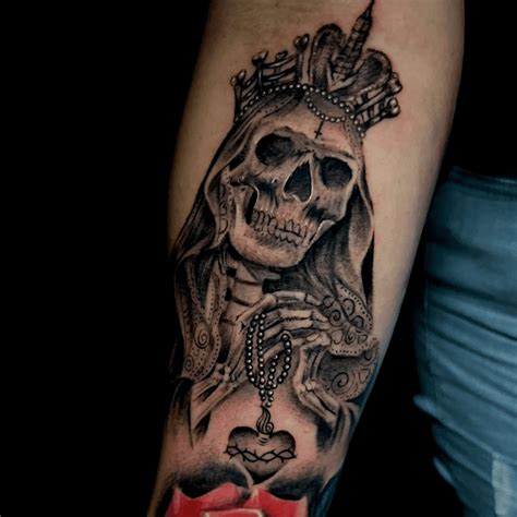 Crying santa muerte girl with red flower on forehead