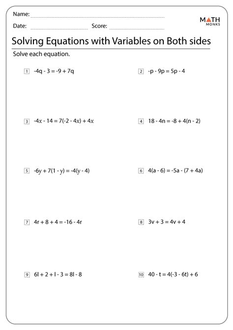 Multi Step Equations With Variables On One Side Worksheet