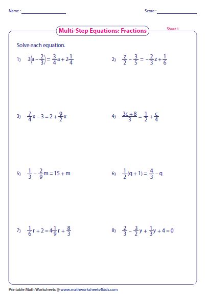 Multi Step Equations Fractions Worksheet