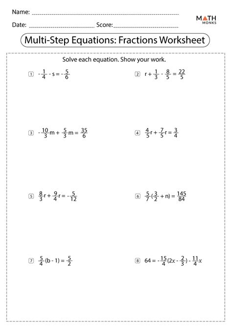 Multi Step Fraction Equations Worksheet