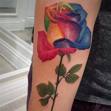Multicolor Realistic Rainbow Rose Tattoo