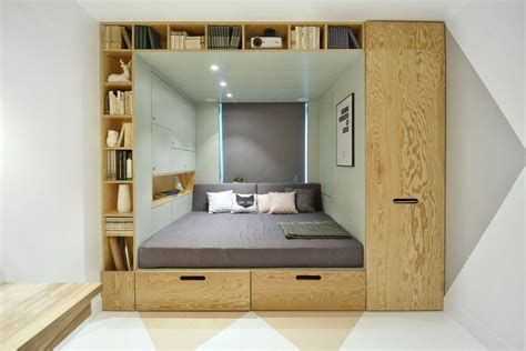 Image of a multifunctional bedroom with a bed with built-in storage.