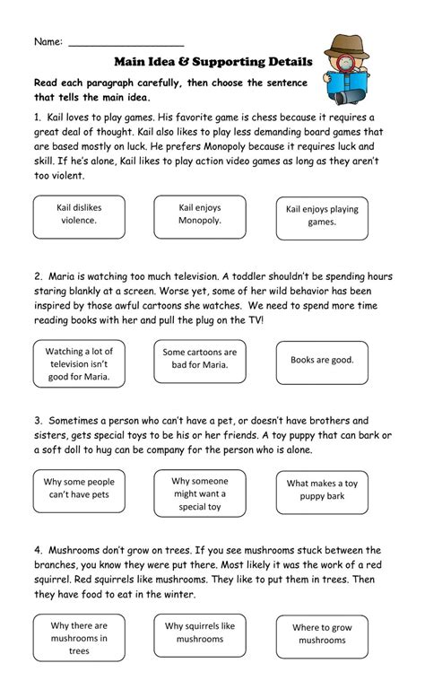 Multiple Choice Main Idea Worksheets