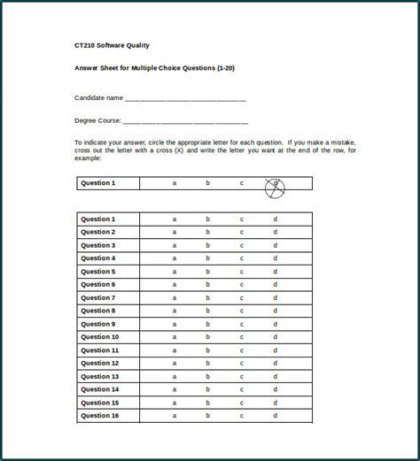 Multiple Choice Test Template Excel Printable