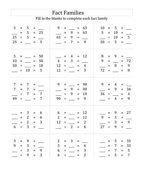 Multiplication Family Facts Worksheets