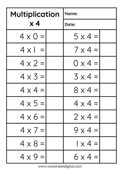 Multiplication Of 4 Worksheets