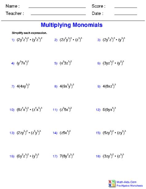 Multiplication Of Monomials Worksheet
