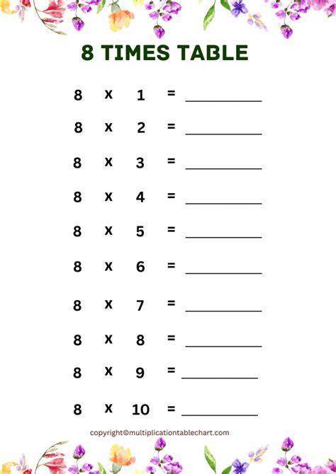 Multiplication 8 Worksheets