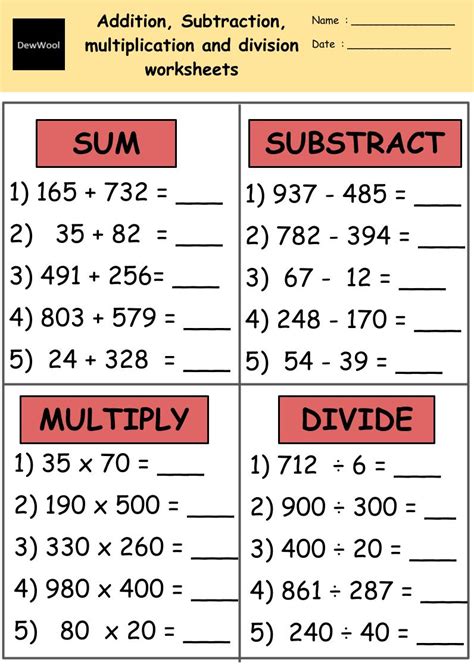 Multiplication Addition Subtraction And Division Worksheets