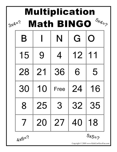 Multiplication Bingo Cards Printable