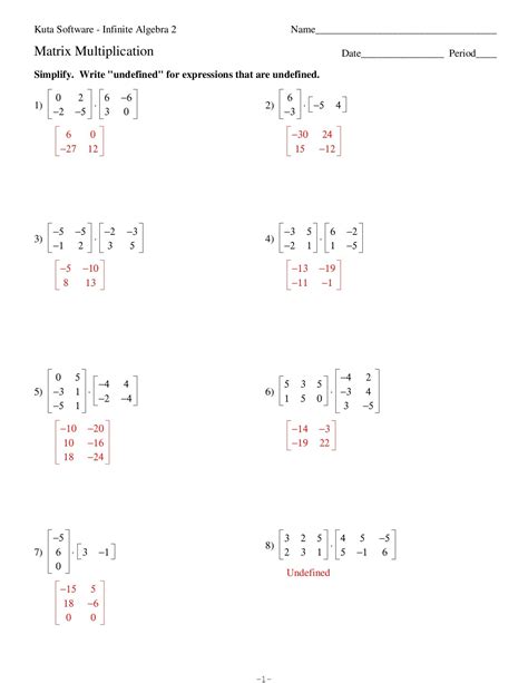 Multiplication Of Matrices Worksheet
