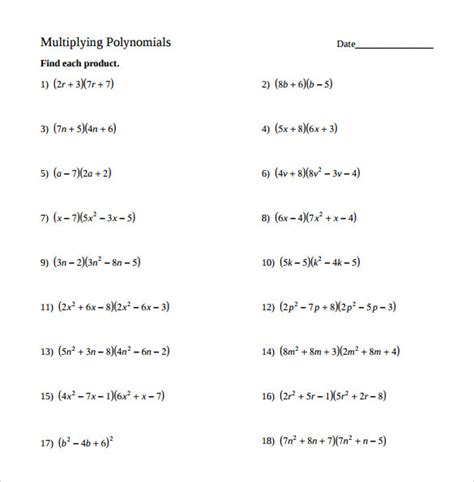 Multiplication Of Polynomials Worksheet