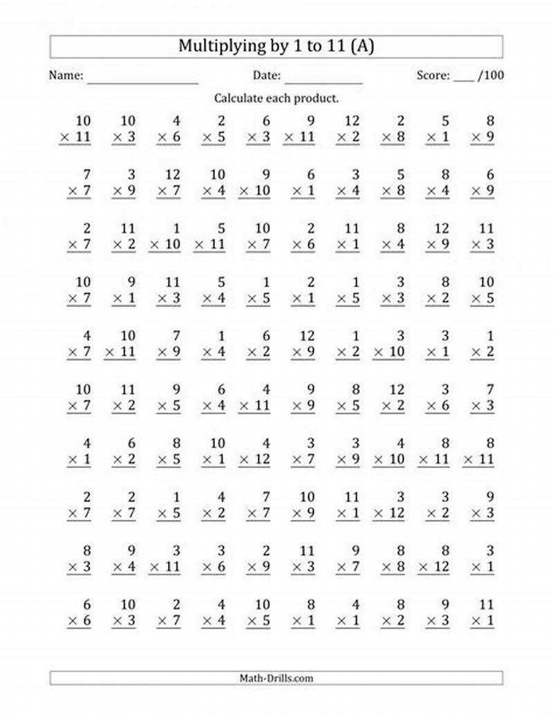 Multiplication Table Test Printable