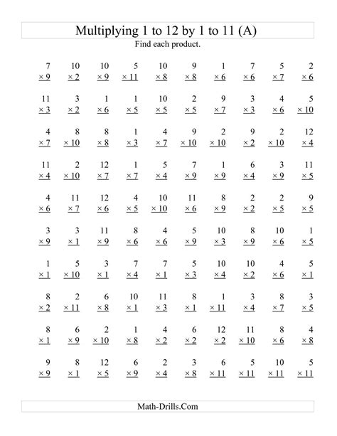 Multiplication Test 1 12 Printable