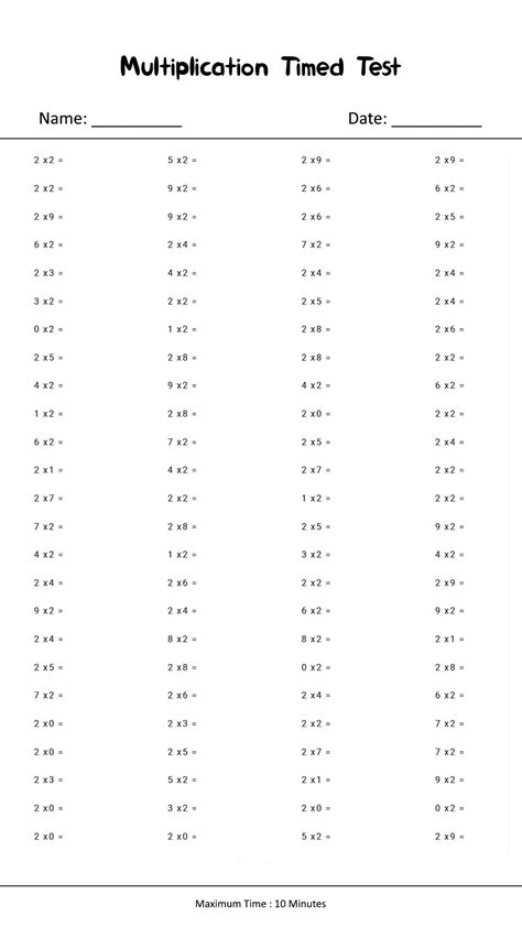 Multiplication Test Worksheet