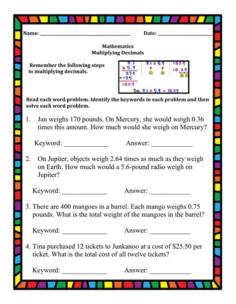 Multiplication With Decimals Word Problems Worksheet - Times Tables