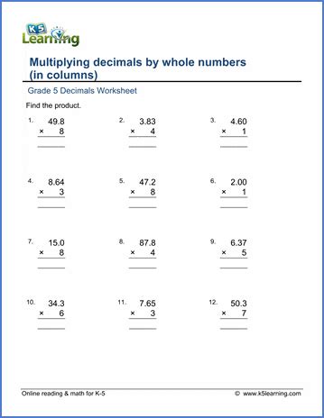 Multiply A Decimal By A Whole Number Worksheet