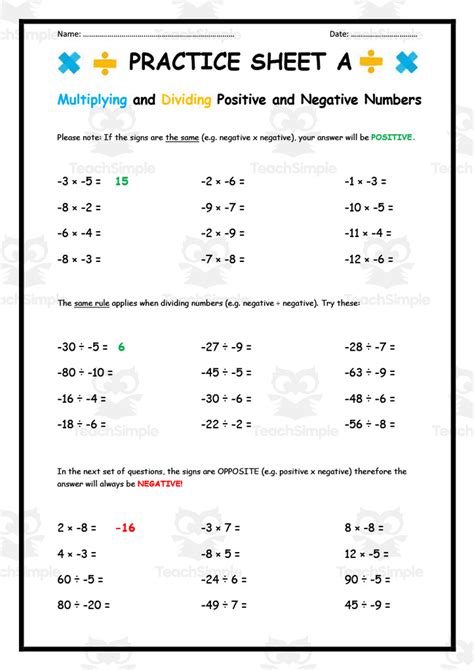 Multiplying And Dividing Positive And Negative Numbers Worksheets