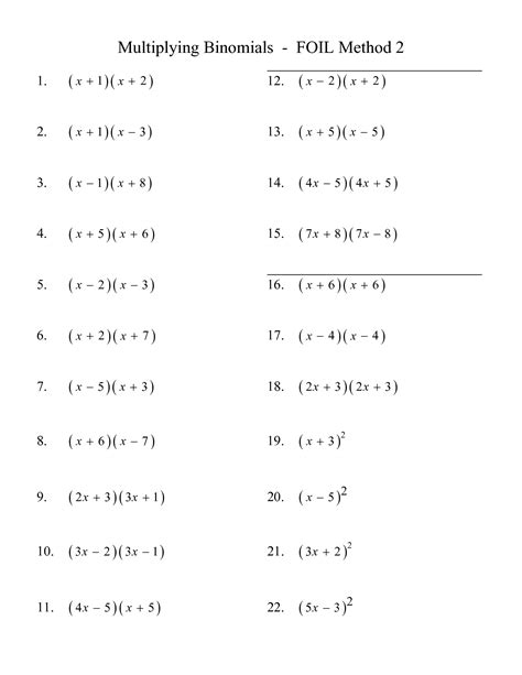 Multiplying Binomials Foil Practice Worksheet