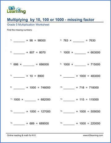 Multiplying By 10 100 1000 Worksheet