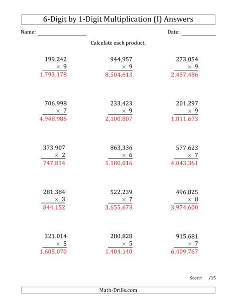 Multiplying 6-Digit by 1-Digit Numbers with Comma-Separated Thousands (A)