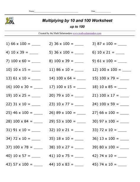 Multiplying By 10s 100s 1000s Worksheets