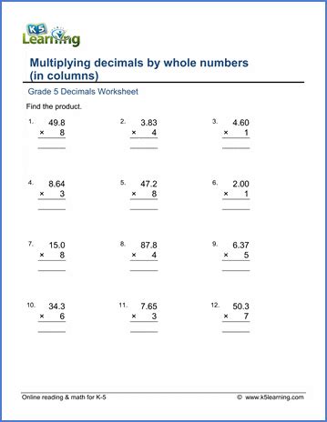 Multiplying Decimals By Whole Numbers Worksheets