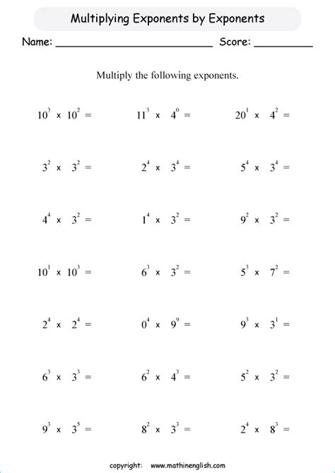 Multiplying Exponents With Same Base Worksheet