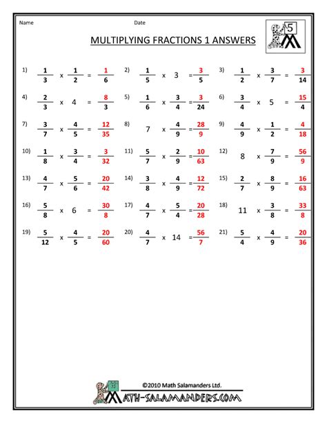 Multiplying Fractions Worksheet Answers