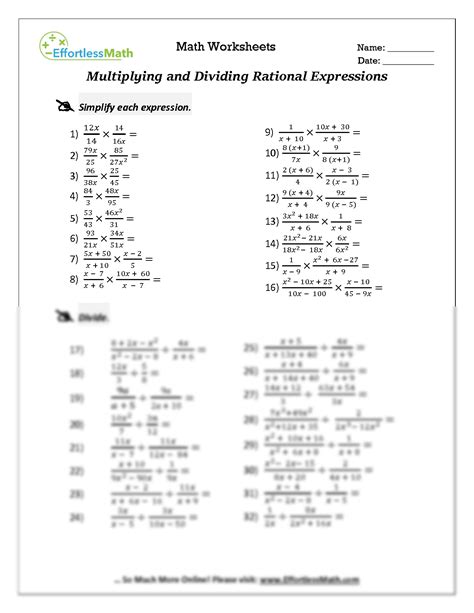 Multiplying and Dividing Rational Expressions Worksheet Answer Key