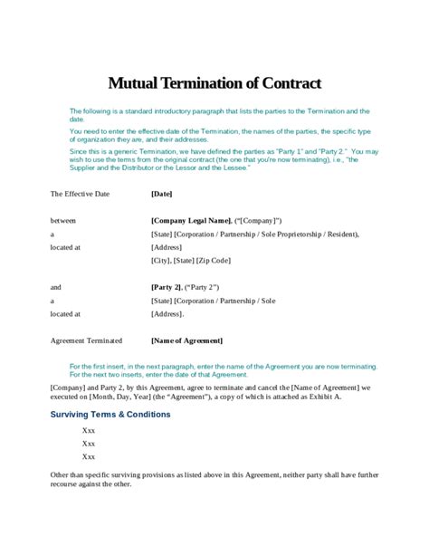 Mutual Agreement To Terminate Contract Template