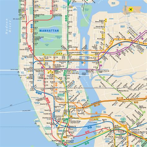 A smartphone screen showcasing a map app with subway lines overlaid on New York City