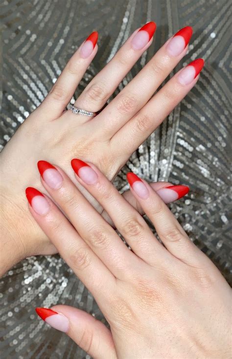 Red French Tip Almond Nails (Matte) in 2021 Red tip nails, Acrylic