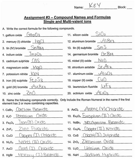 Naming Compounds Worksheet Answers