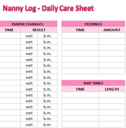 Nanny Log Sheet Templates
